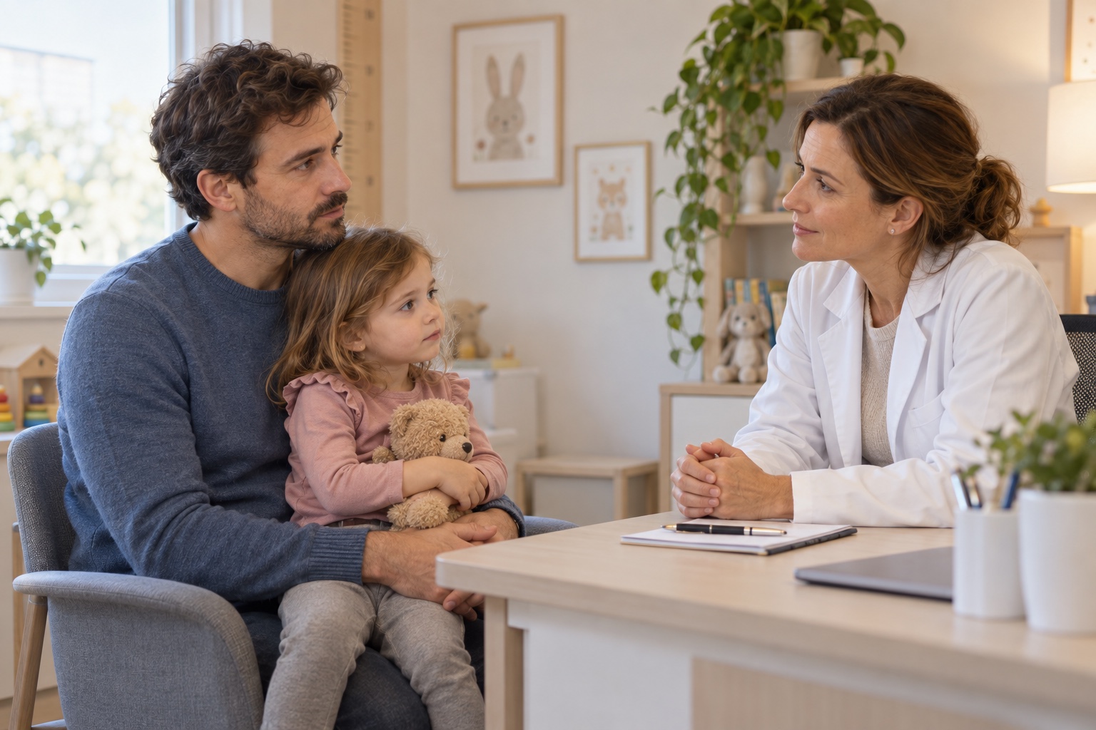 Un padre y su hija consultan sus dudas con una profesional de pediatría