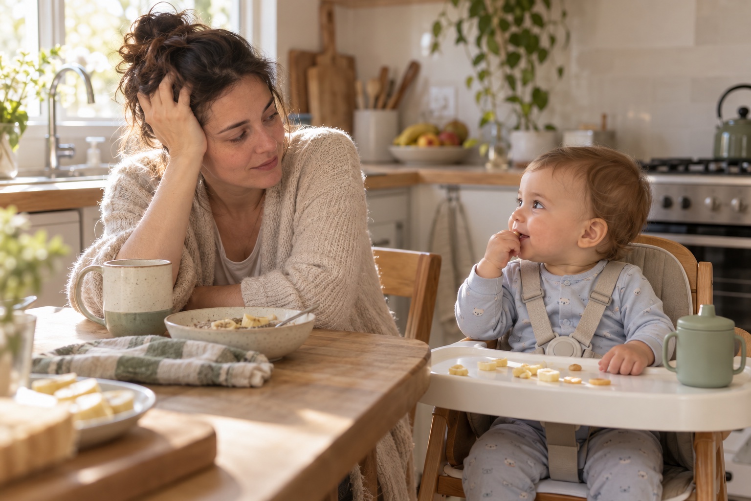 Una madre cansada acompaña a su bebé durante el desayuno después de una noche de despertares