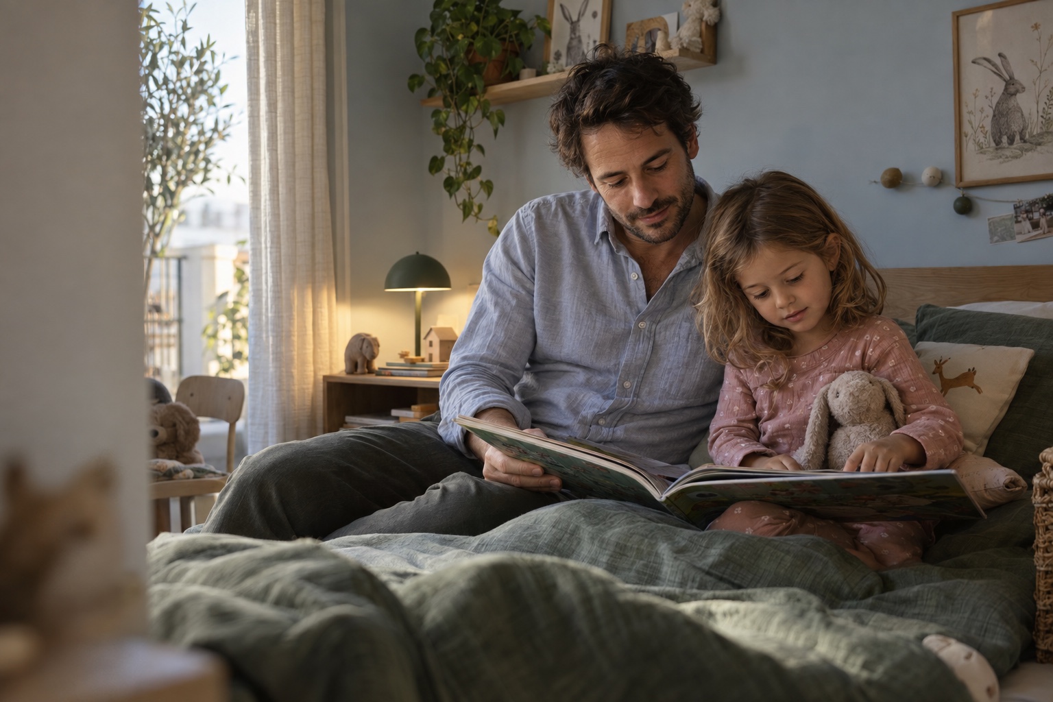 Un padre y su hija comparten un cuento antes de descansar