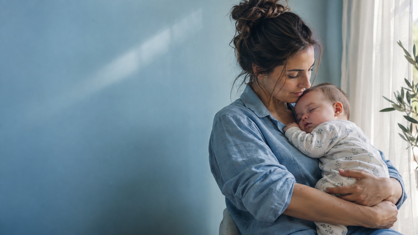 Una madre despierta sostiene con ternura a su bebé, en una habitación iluminada por luz natural