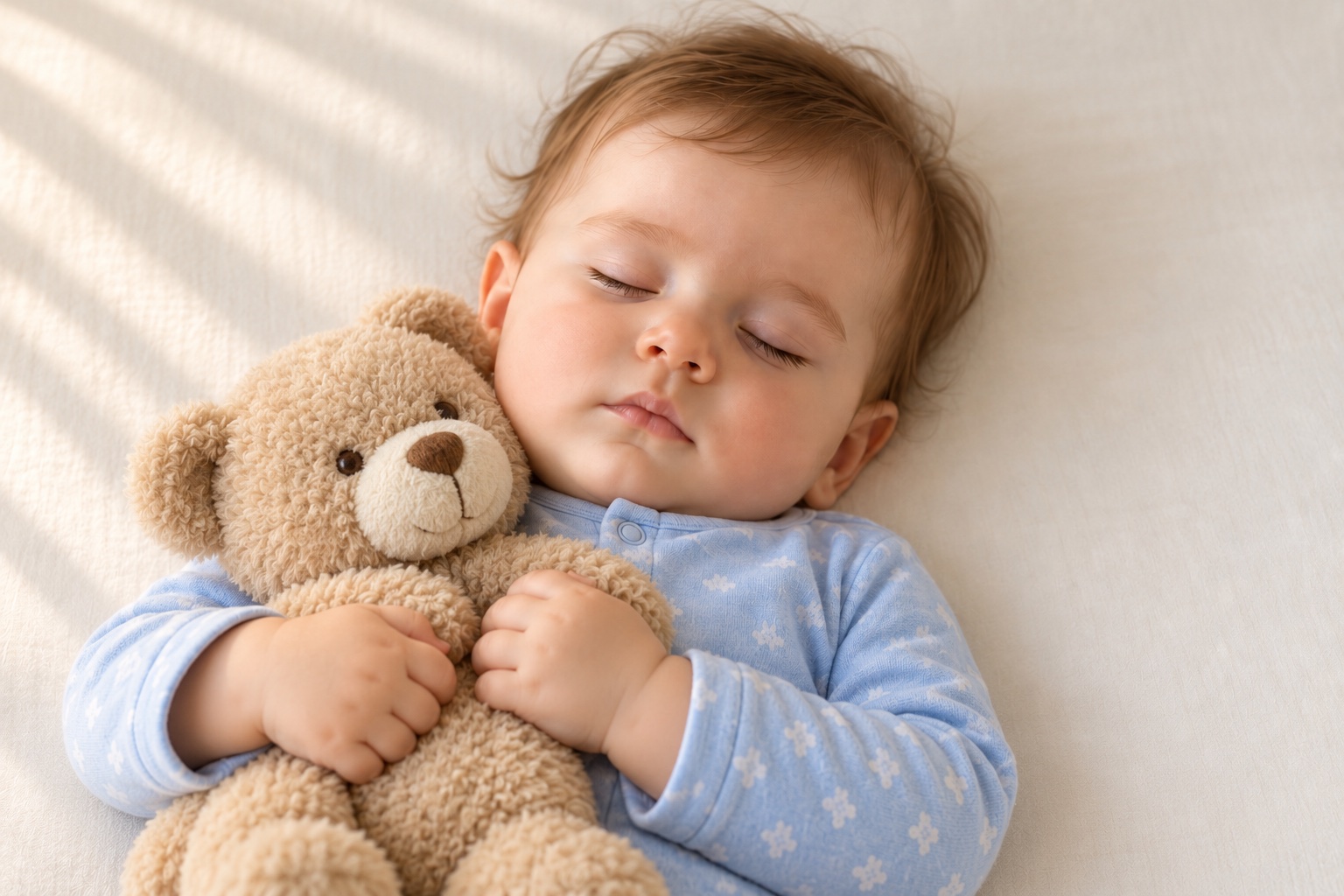 Un bebé duerme plácidamente abrazado a un osito beige, con un pijama azul claro