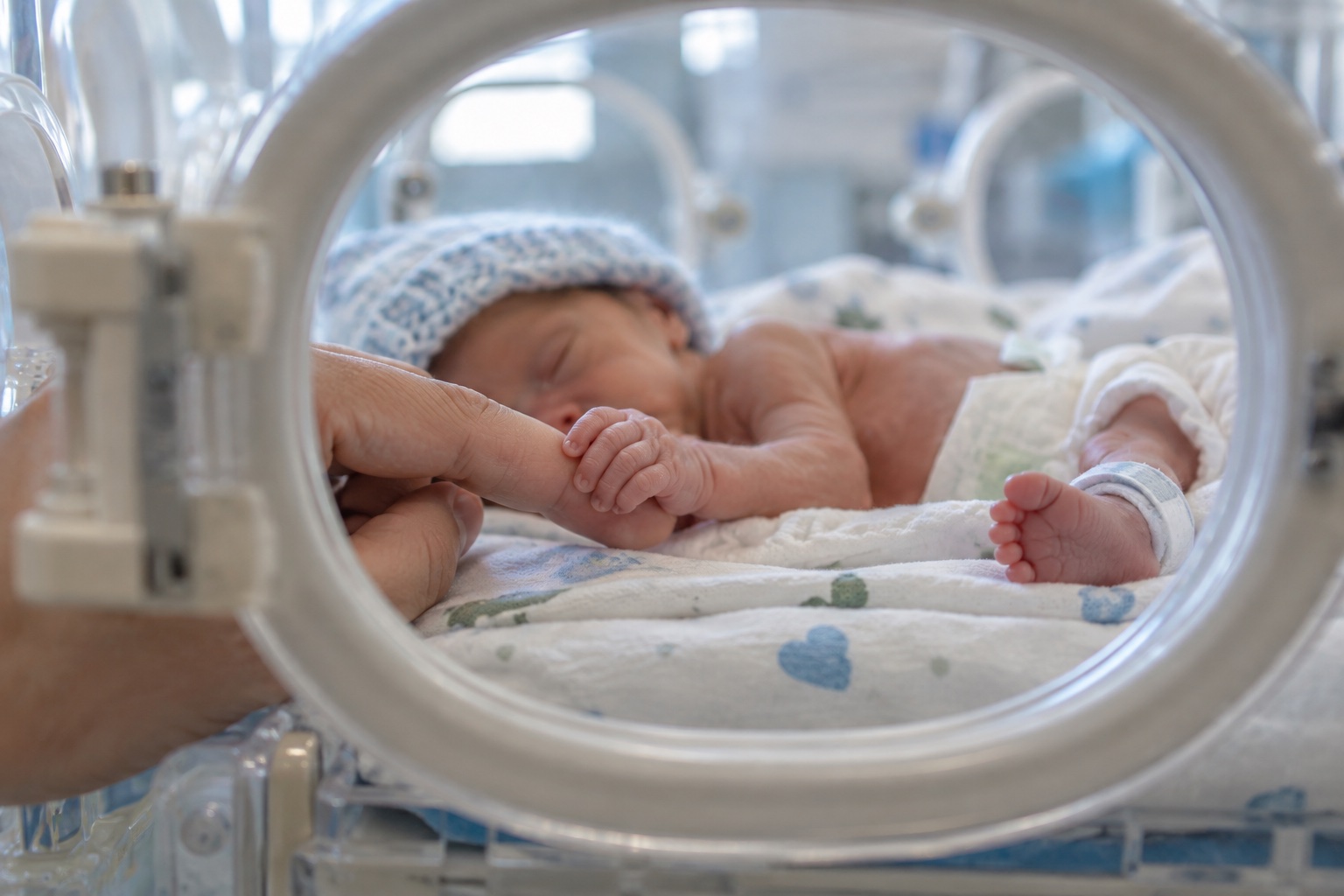Una mano adulta acompaña al bebé en el entorno de una incubadora neonatal