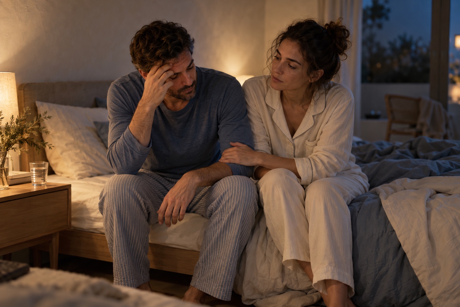 Dos progenitores cansados se acompañan al borde de la cama durante una noche de despertares