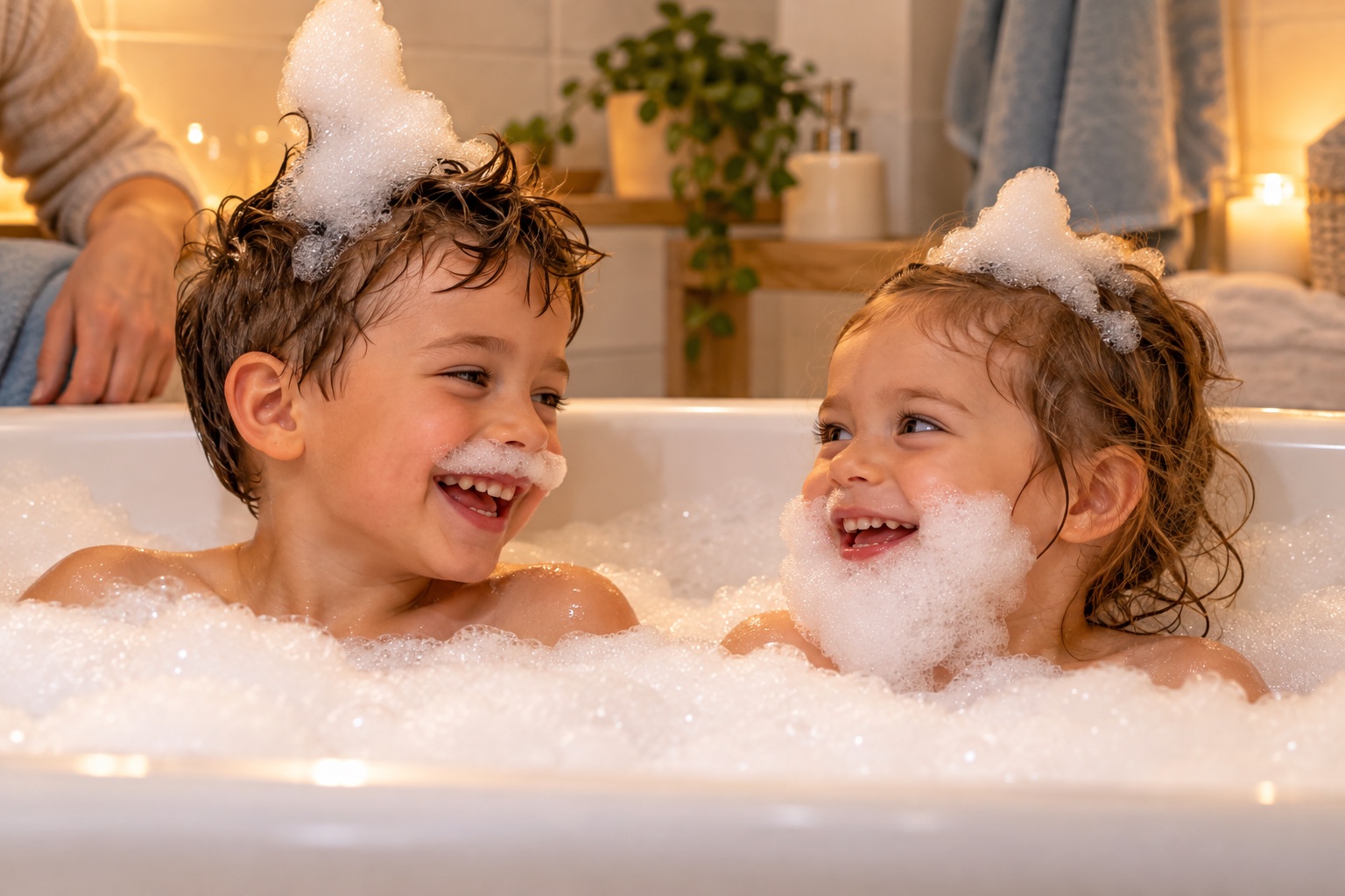 Dos hermanos juegan con crestas y barbas de espuma durante el baño, con un adulto a su lado